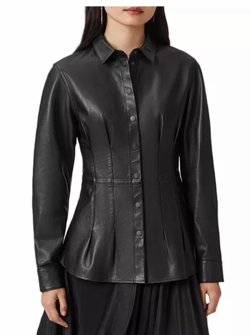 ALL SAINTS Lea Lamb Leather Shirt jacket Black Button-Front cinched waist NWOT 8
